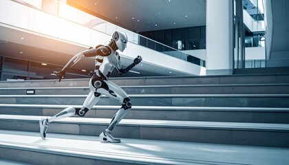 A futuristic robot sprinting up a flight of stairs, showcasing advanced technology and innovation