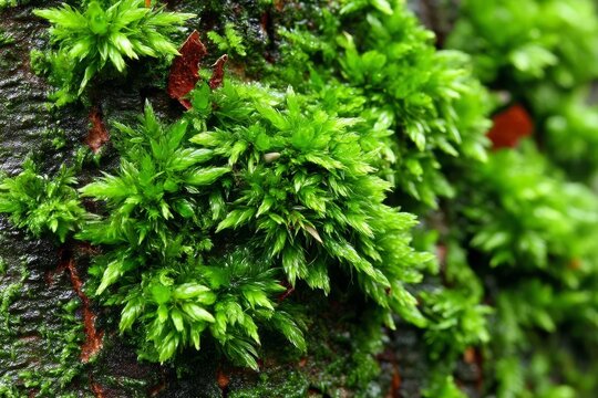 Vibrant green moss growing on a tree bark in a lush forest during daytime