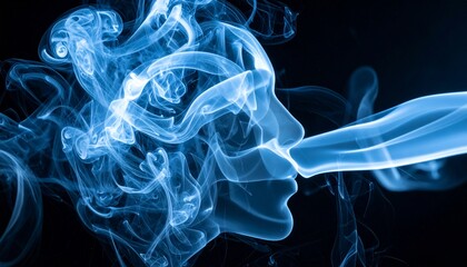 Fototapeta premium An artistic depiction of a human profile created from swirling blue smoke against a dark backdrop, evoking a sense of mystery and transience