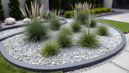 Obraz premium Contemporary garden design with ornamental grasses and gravel 