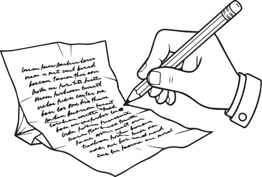 A hand wearing a suit sleeve holds a pencil, actively writing on a crumpled piece of paper filled with text.