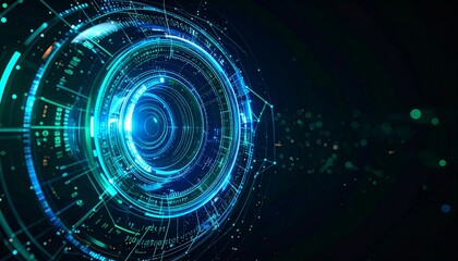 Fototapeta premium Futuristic digital tunnel, a mesmerizing display of interconnected circuits and technological advancement. Illuminated with radiant blue and green hues, it symbolizes innovation and progress.
