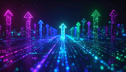 Arrows pointing upwards, a symbol of progress, growth, and success, glow with vibrant colors against a dark background. The image evokes a sense of movement, and achieving goals 