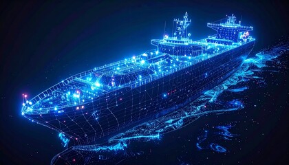 A digital representation of a cargo ship sailing through the ocean