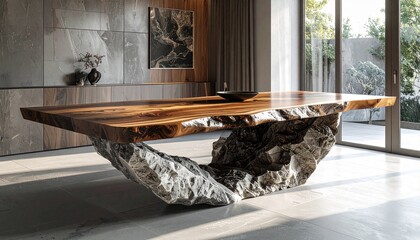 Artistic dining table with asymmetrical stone base and polished wooden top, creating a bold centerpiece captured in high-definition detail.