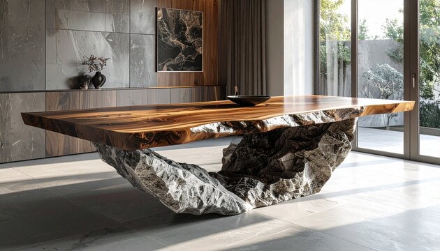 Artistic dining table with asymmetrical stone base and polished wooden top, creating a bold centerpiece captured in high-definition detail.