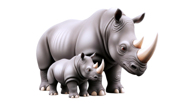 protective rhino mom and calf 3d model of enduring love, isolated on transparent background