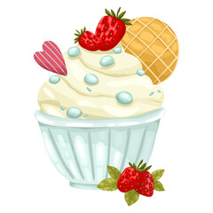 A delightful hand-drawn vector illustration of an ice cream sundae. This colorful dessert features scoops of various flavors, fresh strawberries, a crisp waffle, and a wooden spoon in a striped cup