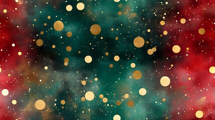 Magical holiday background with glowing golden bokeh lights and sparkles on red and green cosmic texture. Festive Christmas abstract design for cards and decor.