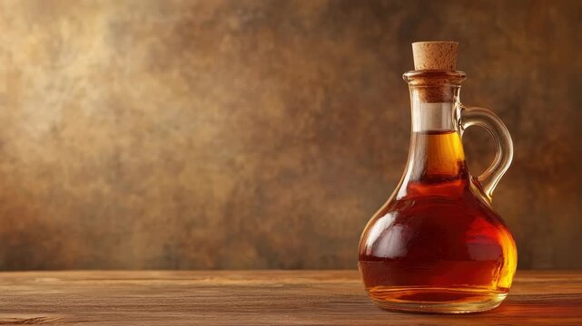 Glass bottle filled with dark liquid on wooden surface