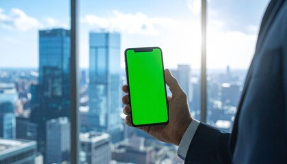 Businessman in a modern office holding a smartphone with a green screen for mockup, overlooking a bustling cityscape from a high-rise window