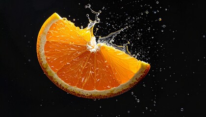 A single slice of orange with water splash, capturing the freshness of the citrus fruit