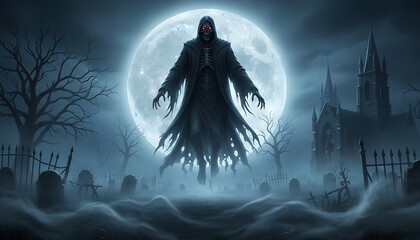 Fototapeta premium Spooky ghostly apparition haunted graveyard digital artwork eerie night dramatic perspective halloween theme