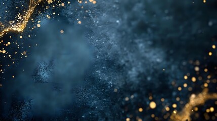 Dark navy blue abstract background with golden glowing particles and light effects creating magical cosmic atmosphere for luxury design projects.