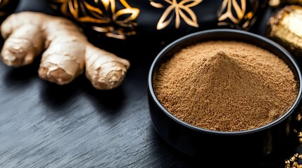 Fresh ginger root and ground powder in black ceramic bowl on dark stone background, aromatic spice for cooking and traditional medicine.