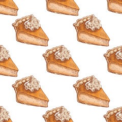 Hand drawn vintage seamless pattern of pumpkin pie slices with whipped cream topping festive thanksgiving dessert illustration