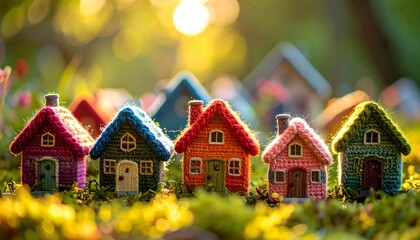 Miniature colorful houses in a sunlit garden