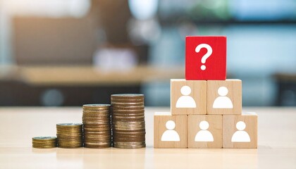 Stack of coins arranged in ascending order beside blocks, depicting a pyramid structure with a question mark and human figure illustrations on them