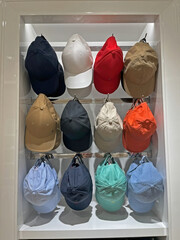 In a retail store, hats of various colors are neatly displayed on a shelf.