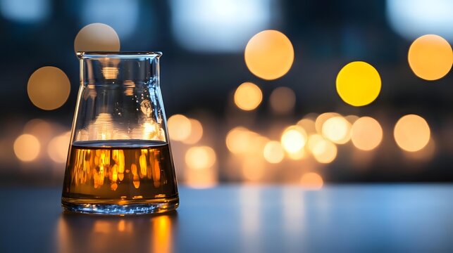 Glass of whiskey or bourbon on reflective surface with golden bokeh lights in background creating luxurious ambiance for bar or restaurant advertising. - Powered by Adobe