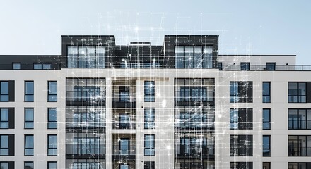 Modern building facade with an abstract digital network grid overlay, symbolizing smart city technology, IoT, and interconnected urban infrastructure.