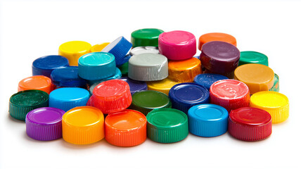 Colorful plastic bottle caps arranged on white surface