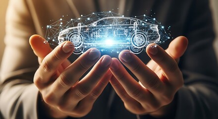 Hands holding a glowing, futuristic smart car outline with a digital network, symbolizing advanced automotive technology, innovation, and future mobility solutions.