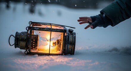 A vintage lantern glows in the snow, with a hand reaching out to it