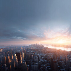 Obraz na płótnie Canvas A stunning aerial view of a sprawling metropolis at sunrise. Skyscrapers bask in the warm glow of the rising sun, creating a dramatic contrast against the cool dawn sky.