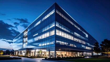 Obraz premium Modern architectural marvel: Illuminated glass facade corporate office at night