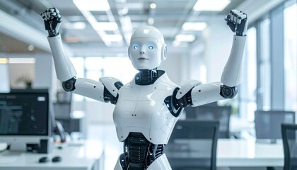 An advanced humanoid robot, standing in a modern office setting with its arms raised in a gesture of triumph or celebration