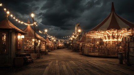 Fototapeta premium Halloween carnival with eerie rides lit park