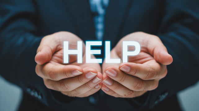 Need help assistance support guidance aid concept hands holding help text assistance and support available