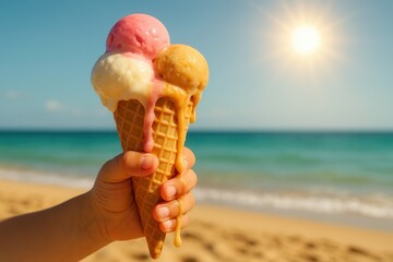 Hand holding melting ice cream cone on sunny beach