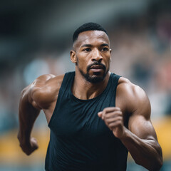 Fototapeta premium Determined athlete in motion, showcasing power and focus. Ideal for illustrating fitness, sports, determination, and healthy lifestyles. Dynamic and inspiring imagery.