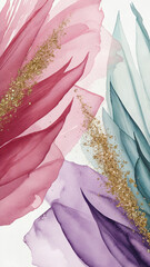 Abstract watercolor layers in pink, lavender, and soft green with golden glitter accents, floral-inspired mood