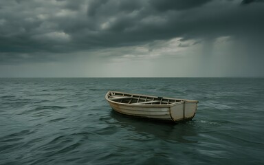 Naklejka premium Lonely boat adrift on a calm sea beneath a dramatic stormy sky symbolizing isolation and the challenges of navigating lifes uncertainties