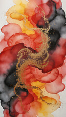 Abstract fiery watercolor background in molten red, orange, and black tones, with golden splatter resembling sparks