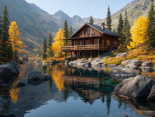 Wooden cabin reflecting in a crystal clear mountain lake during autumn