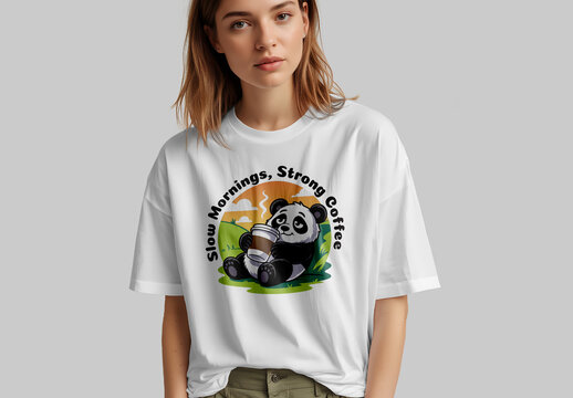 Cute Panda Drinking Coffee TShirt Design Template