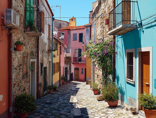 Obraz premium Narrow cobblestone street with colorful houses illuminating under the summer sun