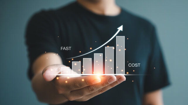 Fast cost reduction strategy business growth chart with hand showing financial performance trend
