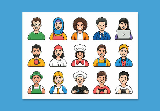 Human Avatar Icon Pack Flat Cartoon Faces with Professions and Activities