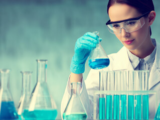 Scientist pouring blue chemical liquid in laboratory glassware