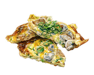 Watercolor Singapore Teochew Oyster omelette on isolated transparent background
