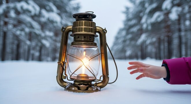 Illuminated antique lantern in a snowy forest with a hand reaching for it - Powered by Adobe