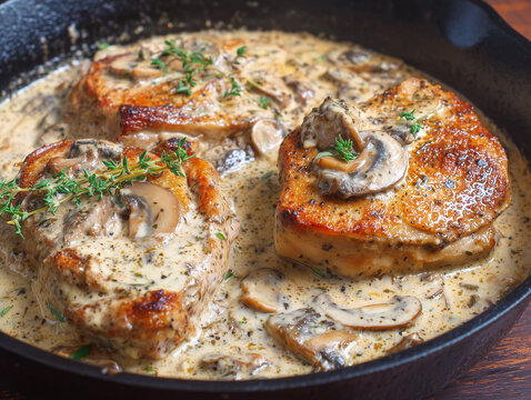 Sizzling pork chops with creamy mushroom sauce and thyme in cast iron skillet