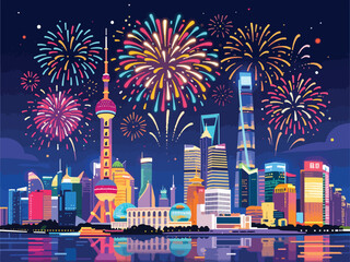 Spectacular Fireworks Display Over Shanghai Skyline for China National Day - Flat 2D Vector