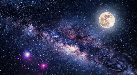 Illustration of the majestic milky way galaxy stretches across the night sky with a luminous full moon