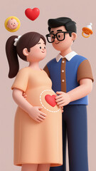 Expectant Couple with Red Heart on Belly in 3D Cartoon Style - Surrounded by Floating Hearts, Smiles and Pacifiers to Celebrate Pregnancy 